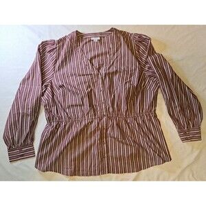 Liz Claiborne Women's Burgundy White Striped 100% Cotton V-Neck Button-Up Top 2X